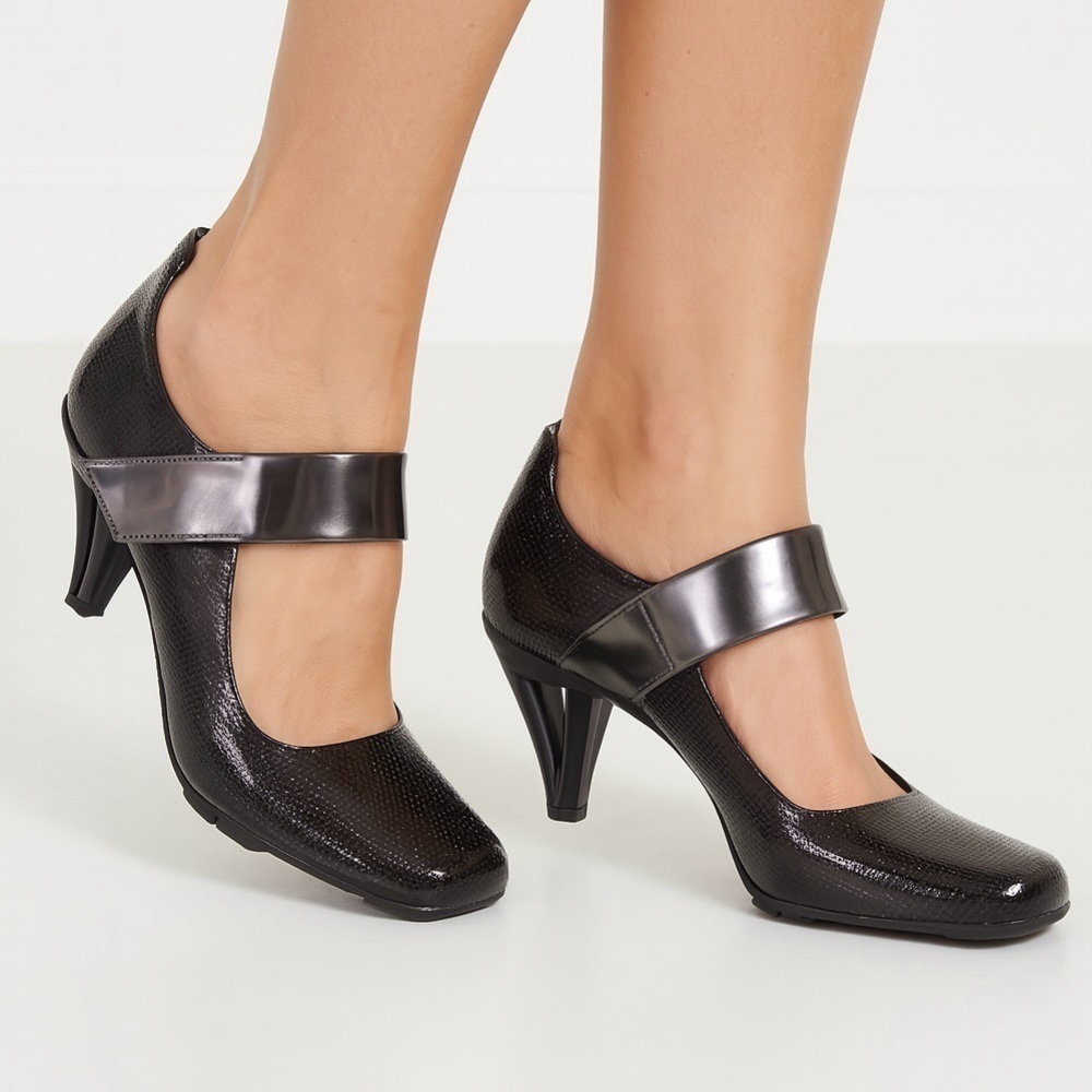 🆕 Asagi Mary Janes Patent Party Pumps Pewter Straps Keyhole H2-3/4 Black 6.5